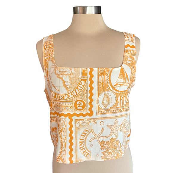 Artlier Nicole Miller Linen Blend Crop Top LG Postal Print Smocked Back Travel - Picture 1 of 8